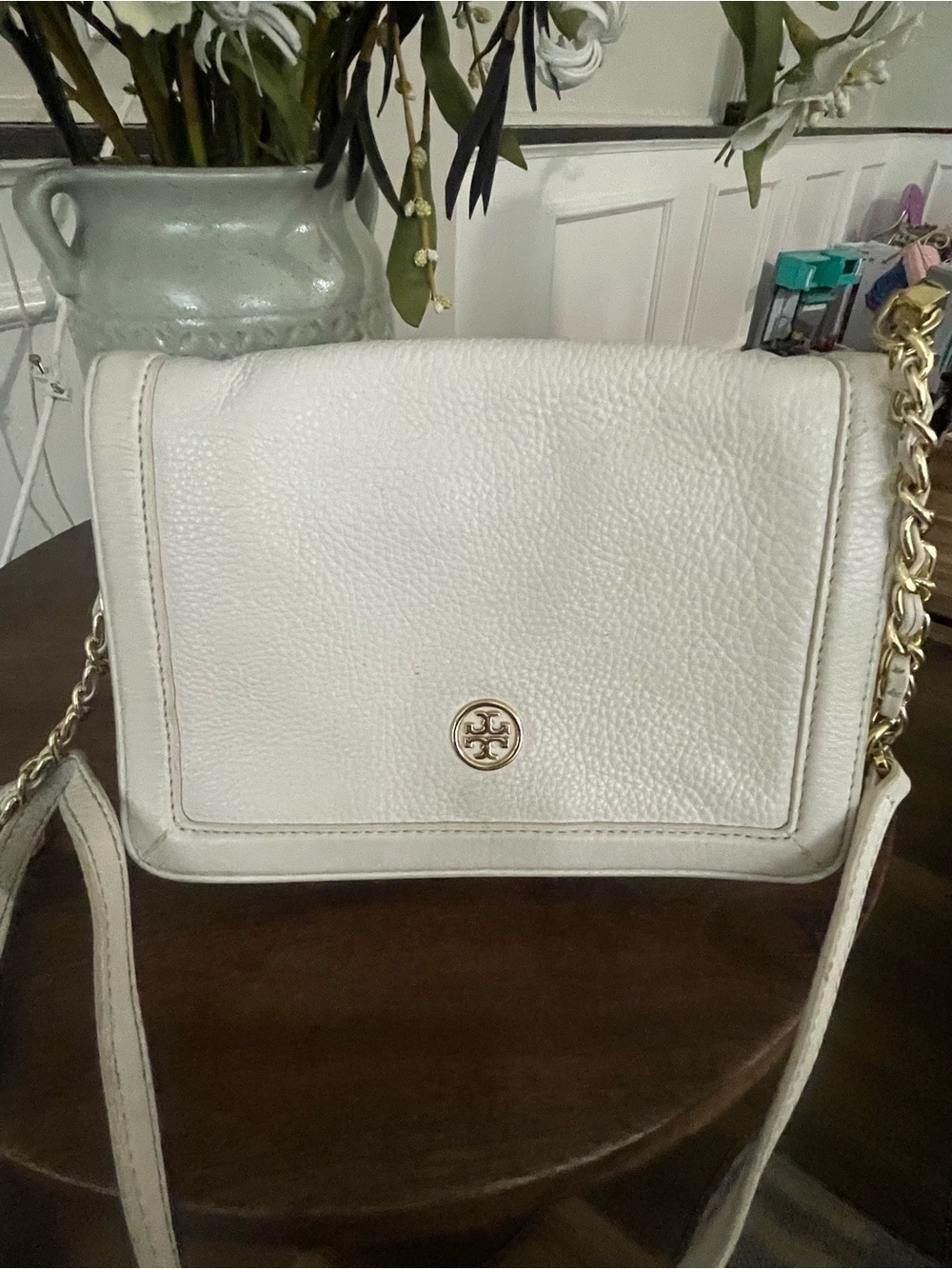 Tory Burch White Pebbled Leather Chain Strap Crossbody